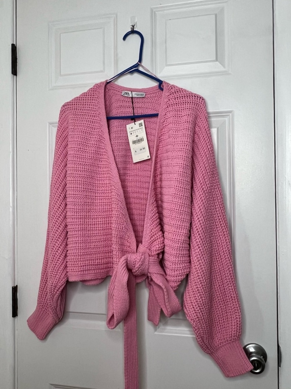 Zara Light Pink Ribbed Wrap V-Neck Sweater with Tie Waist - Picture 7 of 8